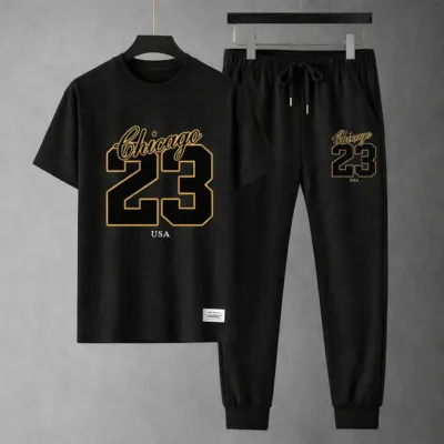 Men's Matching Tee and Trouser Set, Mesh Jersey with Screen Print