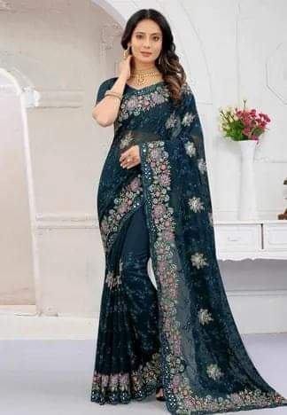 Full Embroidered Georgette Saree, Blouse Piece Included, 6 Colours