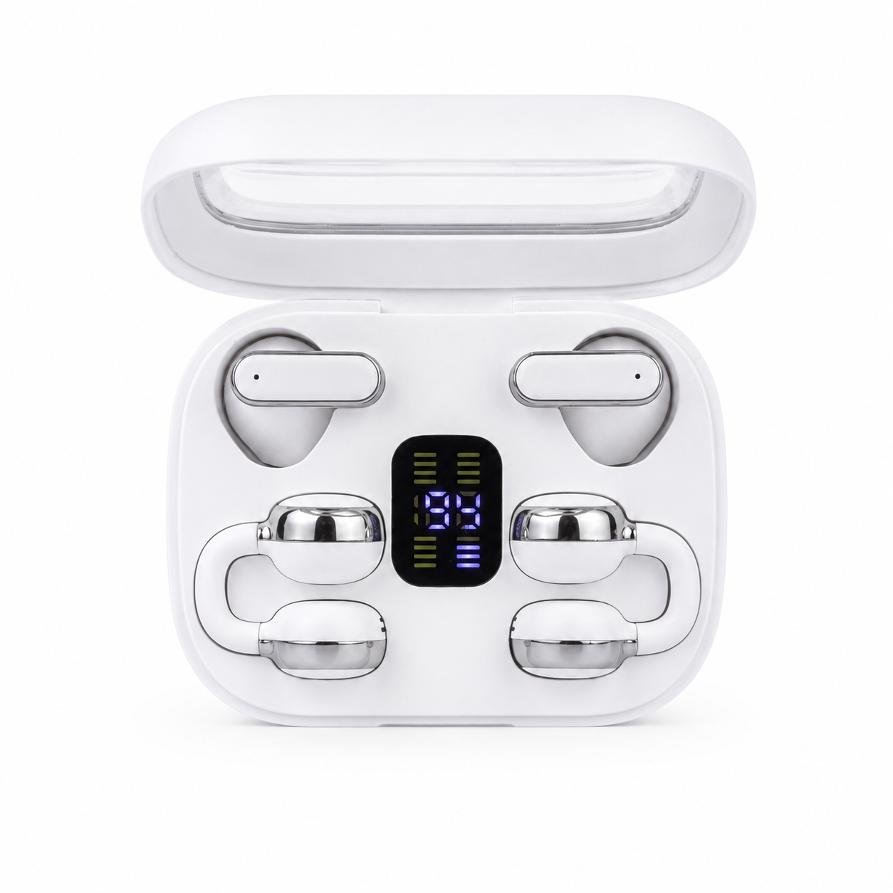 Q10 HiFi Stereo Sports Wireless Earbuds (2 Pairs) – 4-in-1 Combo Set with In-Ear & Open-Ear Clip Design, Bluetooth 5.4, LED Digital Display & IPX4 Waterproof