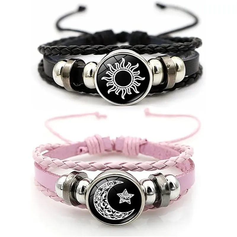 Sun and Moon Couple Bracelet Set, Leather with Metal Finish