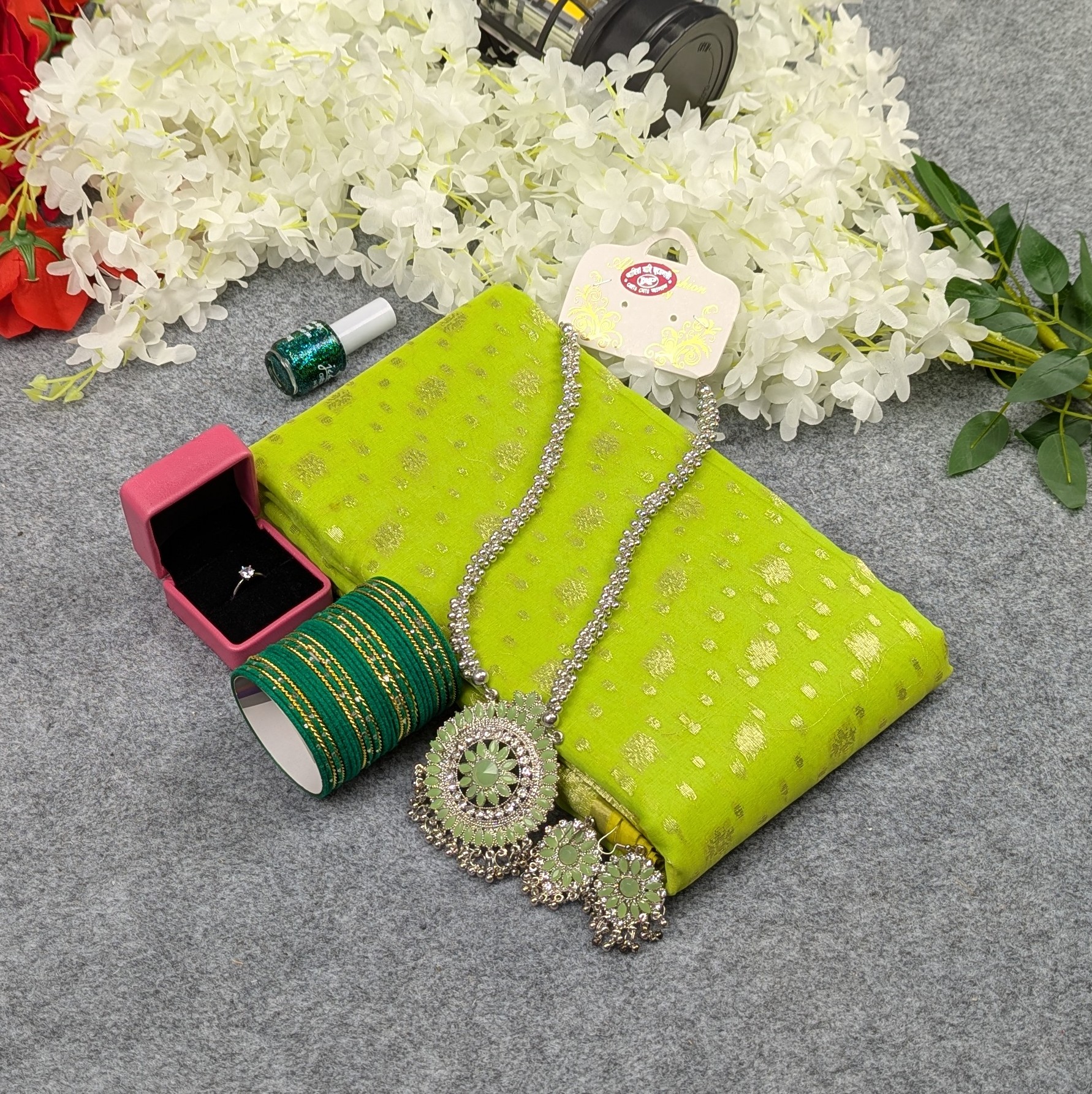 Premium Half Silk Jamdani Saree Combo Set - Lemon