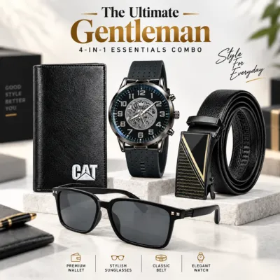 The Ultimate Gentleman 4-in-1 Essentials Combo – Olevs Skeleton Watch, Leather Belt, Wayfarer Sunglasses & Long Wallet