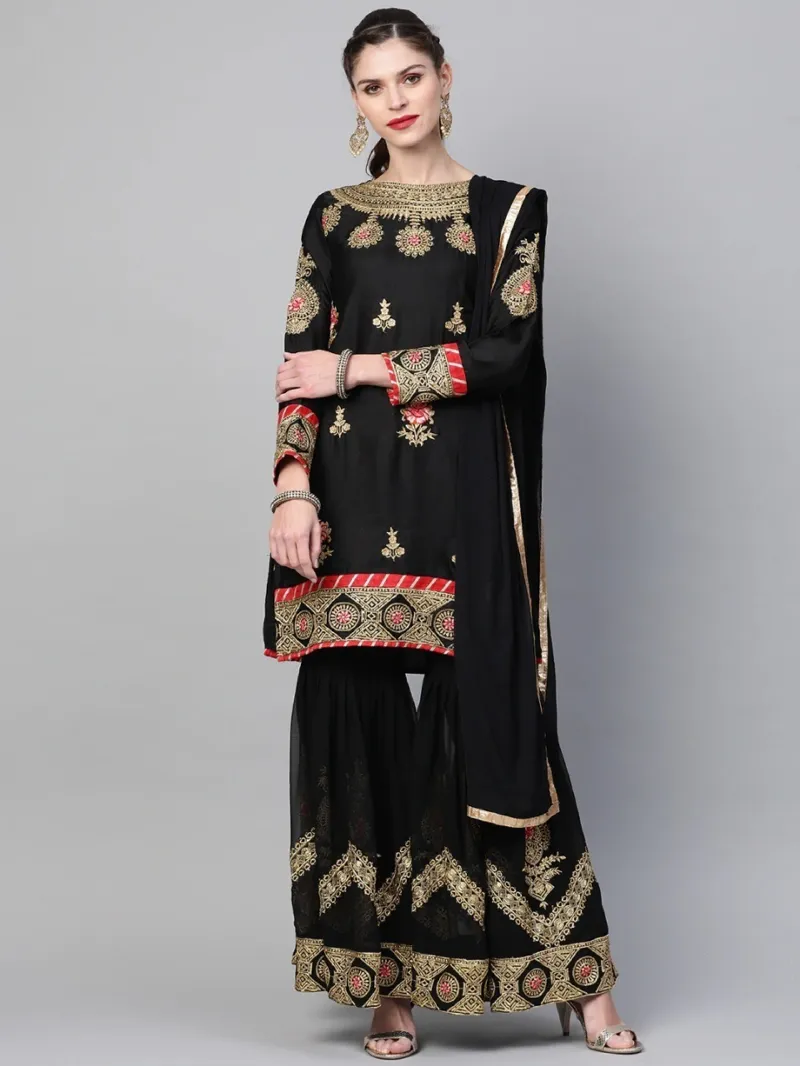 Embroidered Georgette Sharara Set with Chiffon Orna and Inner