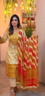 Printed Linen Kameez and Salwar Three Piece, 6 Colour Choices