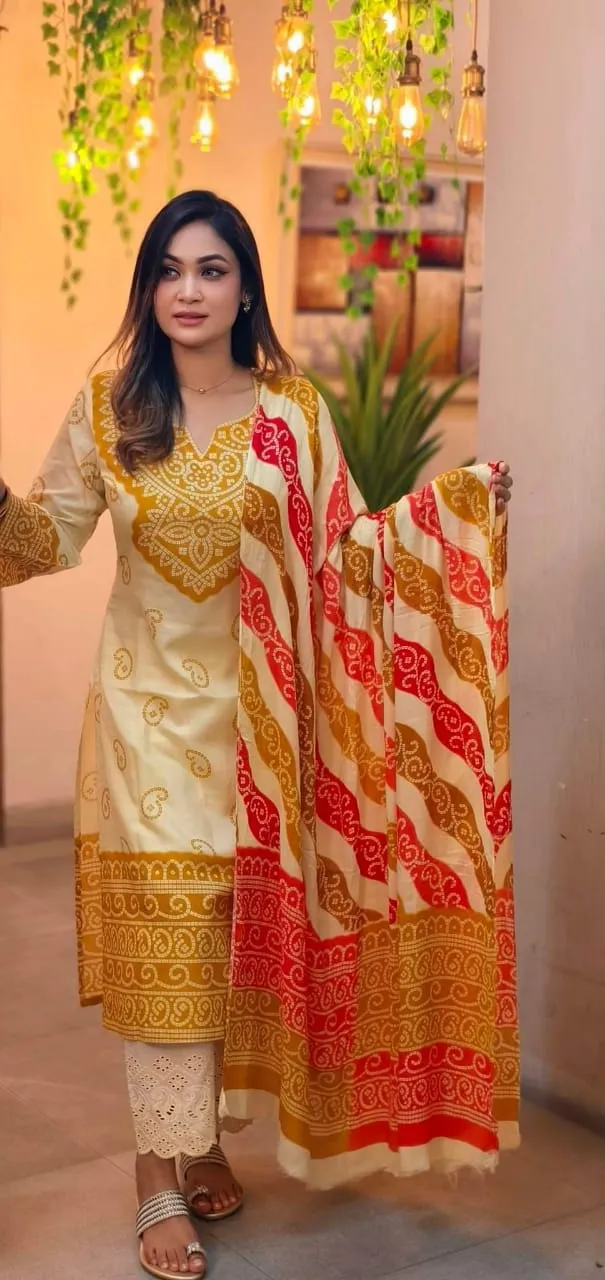 Printed Linen Kameez and Salwar Three Piece, 6 Colour Choices