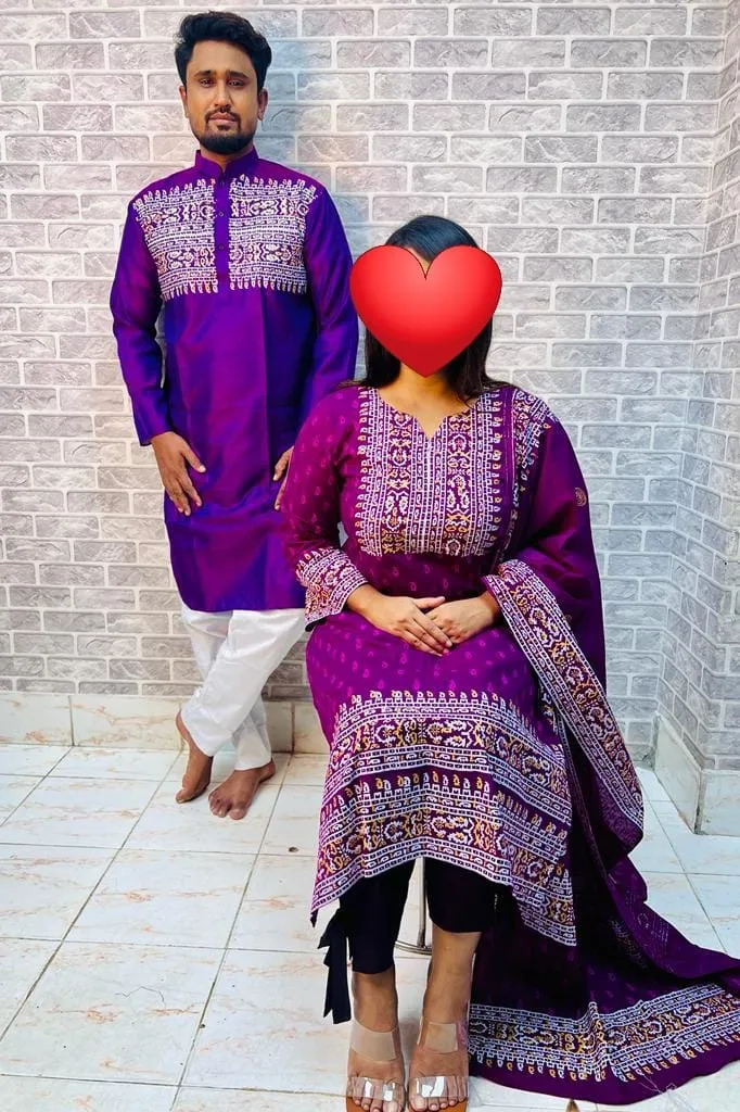Two Piece and Dhupian Silk Panjabi Couple Set, Block Print