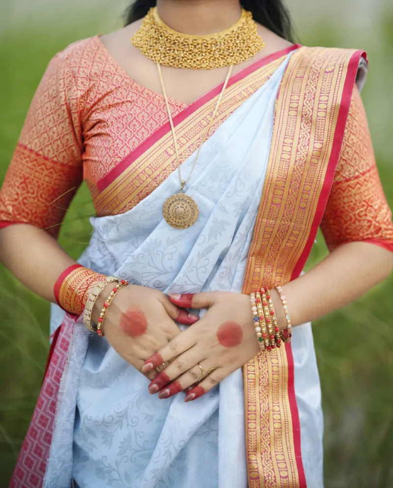 Katan Saree with Matching Blouse Piece for Puja