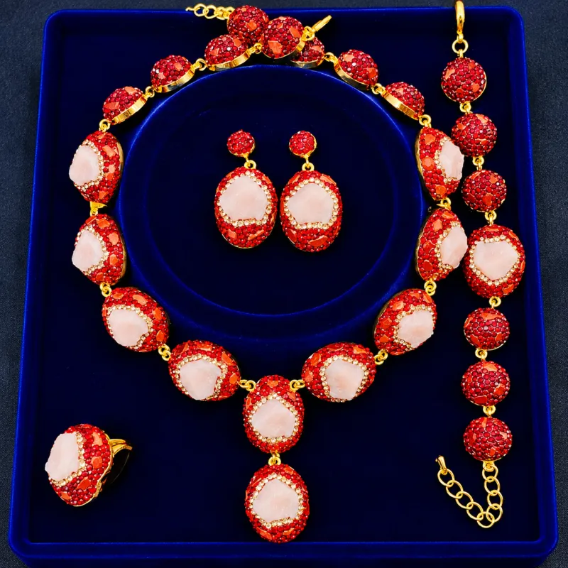 Premium White Druzy & Red Crystal Bridal Jewelry Set