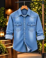 Men's Denim Shirt with Pocket and Snap Buttons, 220+ GSM