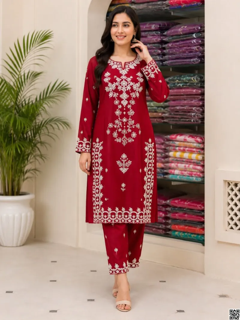 Linen Full Body Embroidery Two Piece Set, M to XXL