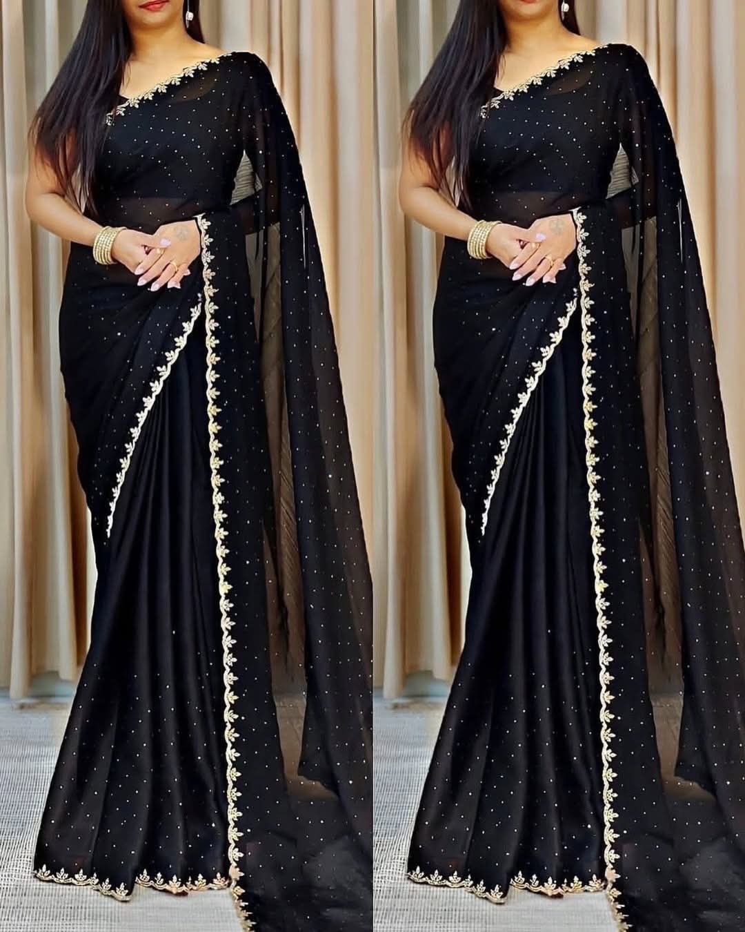 Stone Work Georgette Saree with Embroidery Across the Body