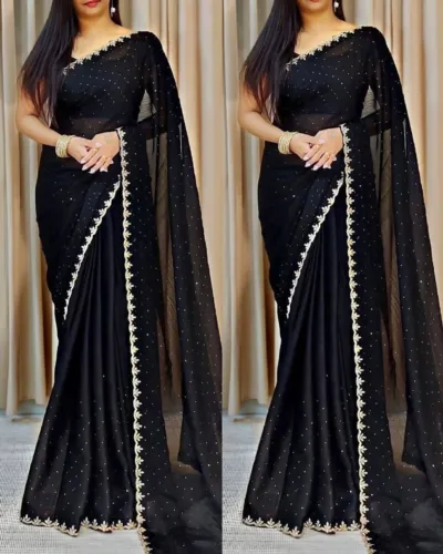 Stone Work Georgette Saree with Embroidery Across the Body