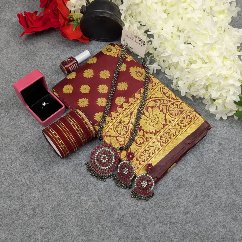 Premium Silk Katan Saree Combo Set - Maroon