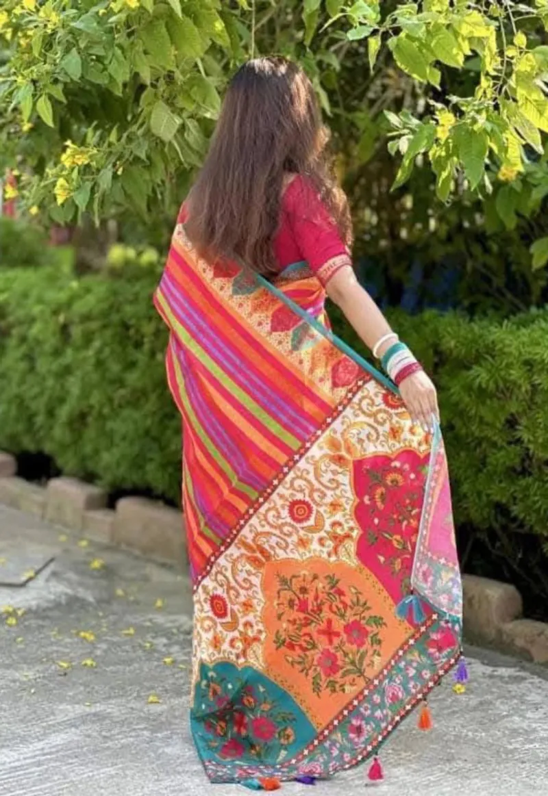 Smooth Chanduri Silk Saree in Bright Digital Print with Tassels