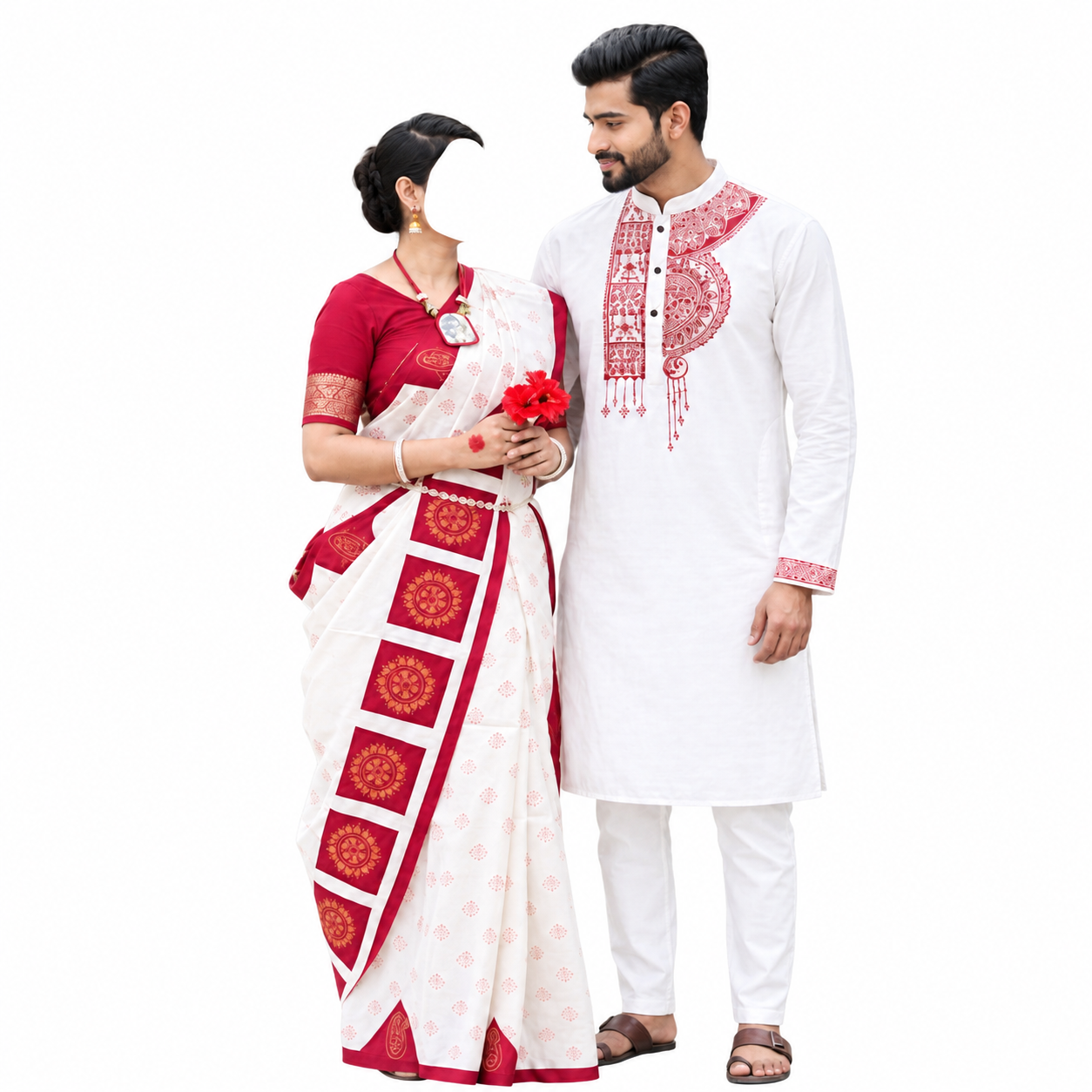 Special Puja Collection: Traditional Red-and-White Couple Set