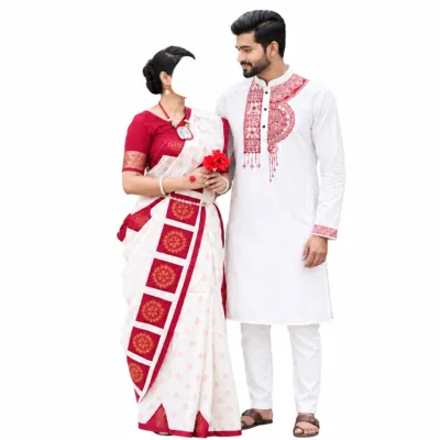 Special Puja Collection: Traditional Red-and-White Couple Set