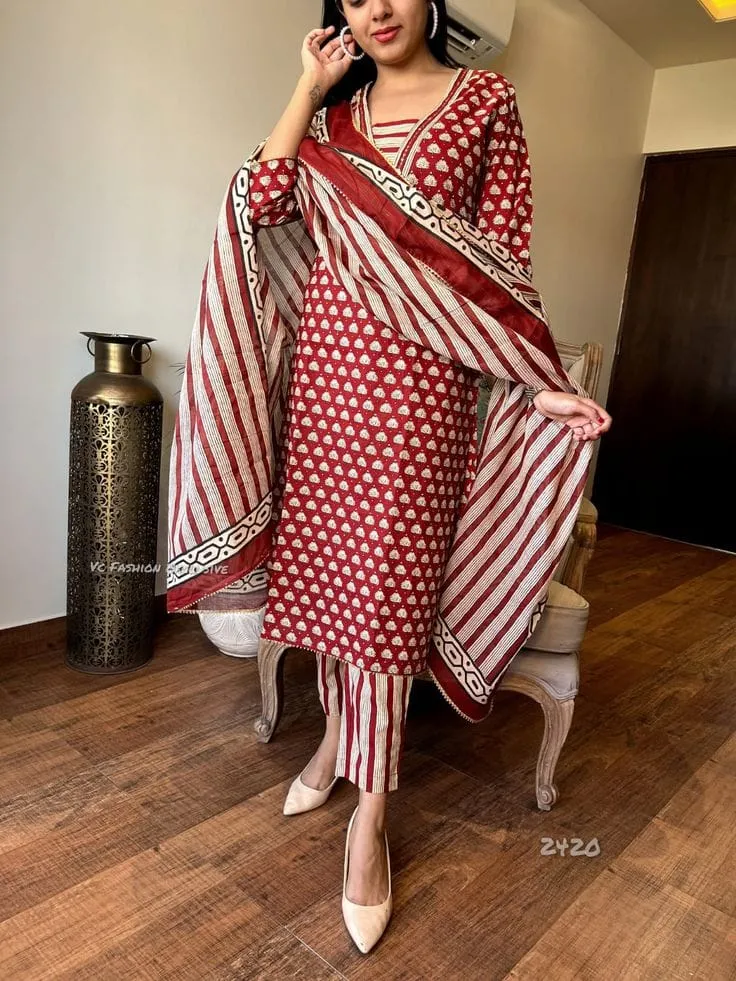 Women's Screen Print Three Piece, AC Cotton Kameez, Sizes 38 to 44