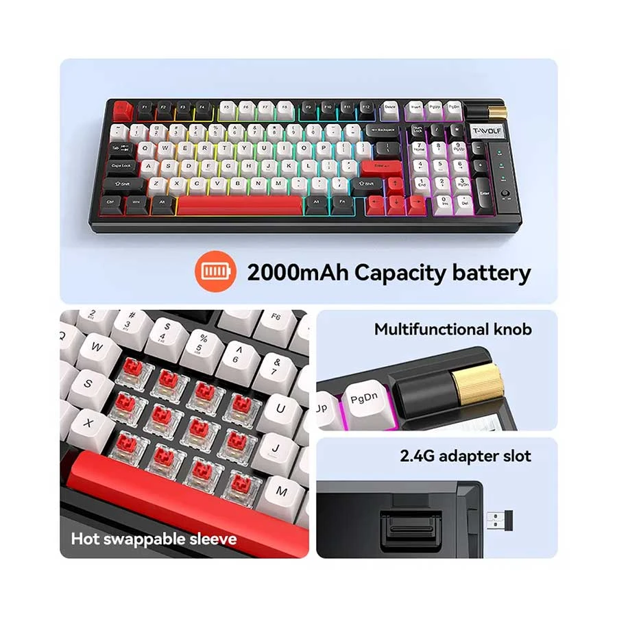 T-Wolf T70 RGB Tri Mode Hot Swap Red Switch Mechanical Gaming Keyboard