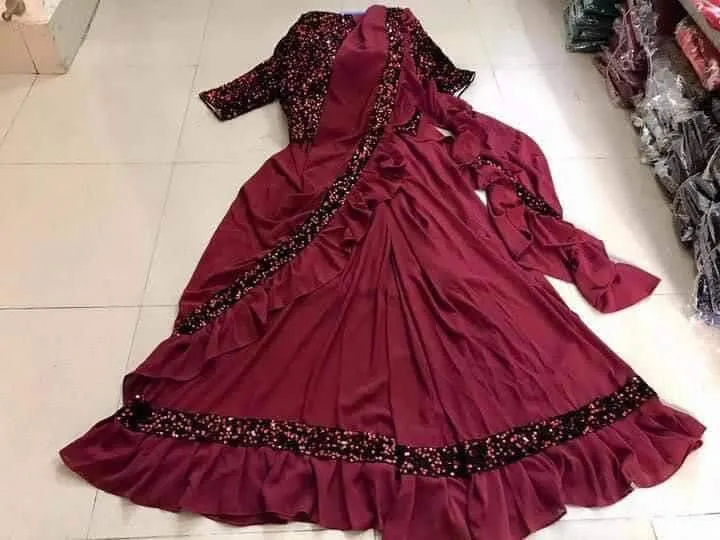 Readymade Cherry Georgette Saree Gown with Ready Blouse