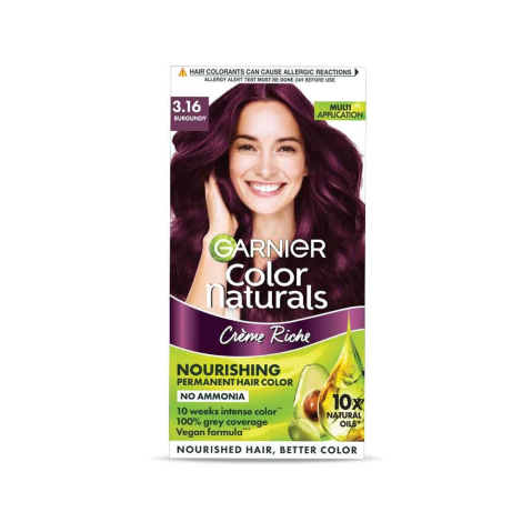 Garnier Color Naturals Creme Riche Nourishing Permanent Hair Color - 3.16 Burgundy 70ml+60g (India)