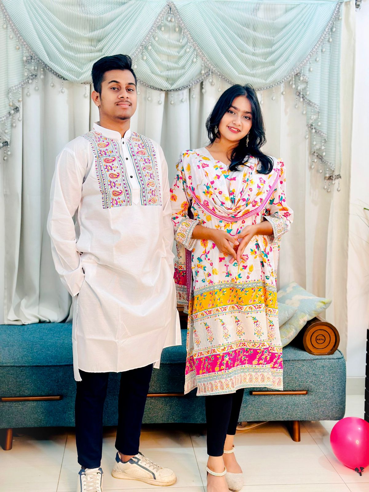 Couple Dress Set, Screen Print Voile Jama and Block Print Panjabi