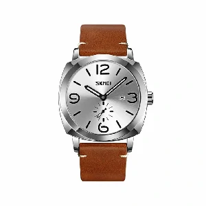 Skmei 9305 Quartz Leather Men’s Watch - Silver & Brown