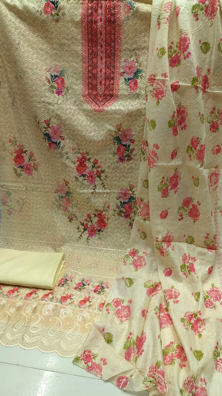 Unstitched Chikankari Cotton Three Piece with Aari Work Orna