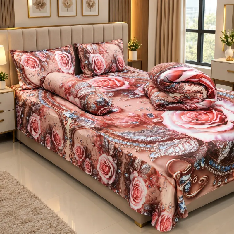 3D Design Comforter and King Size Velvet Bed Sheet Set, 6 Colours