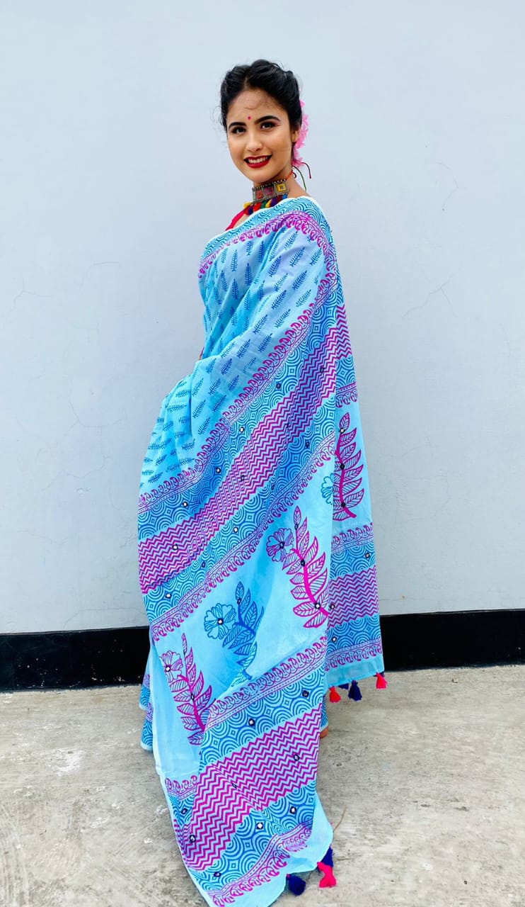 Half Silk Saree with Block Print, Embroidery and Dollar Work