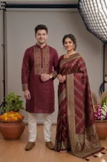 Couple Silk Saree and Dhupian Silk Panjabi Set, Sizes 38 to 46