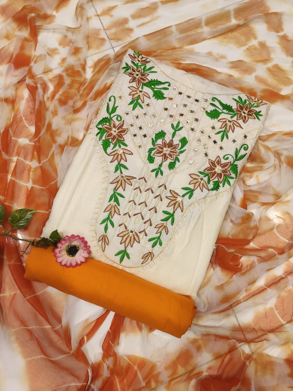 Viscose Slub Cotton Three Piece with Manual Embroidery, Batik Orna
