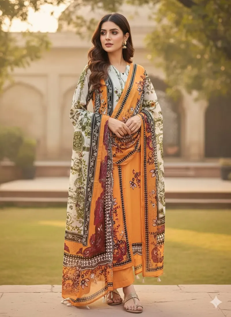 Women's Silk Digital Print Three Piece with Semi Cotton Orna