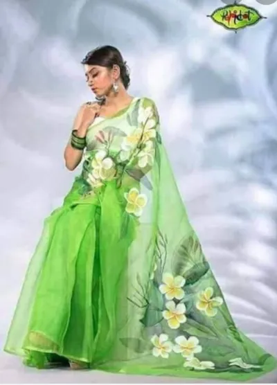 Women's Half Silk Hand Painted Saree with Brush Work