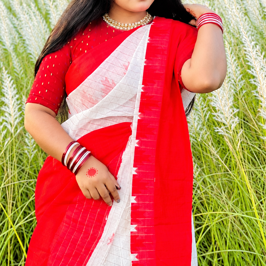 Traditional Red and White Cotton Handloom Saree (for Durga Puja)