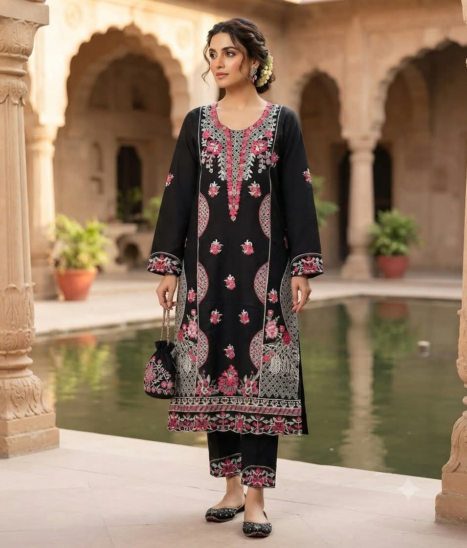 Readymade Three Piece with Lace Sleeves and Cutwork Orna, 3 Colours