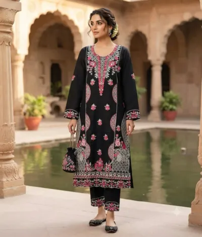 Readymade Three Piece with Lace Sleeves and Cutwork Orna, 3 Colours