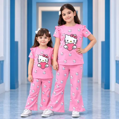 Hello Kitty Pink Two-Piece Set for Girls - Flutter Sleeve Top & Printed Pants