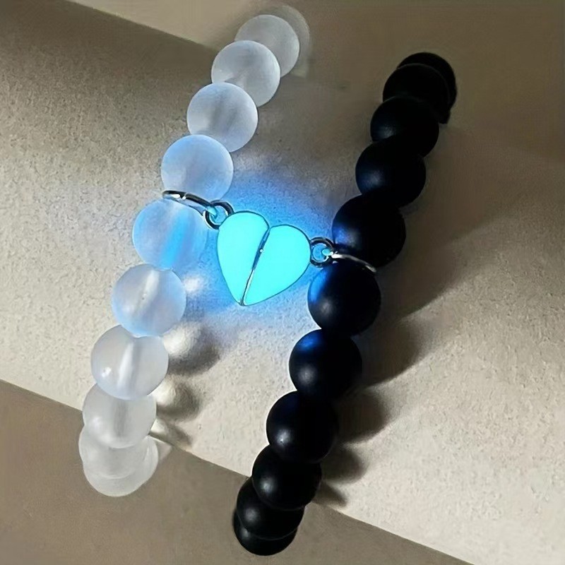 Glow in the Dark Couple Bracelet with Crown and Heart Charms