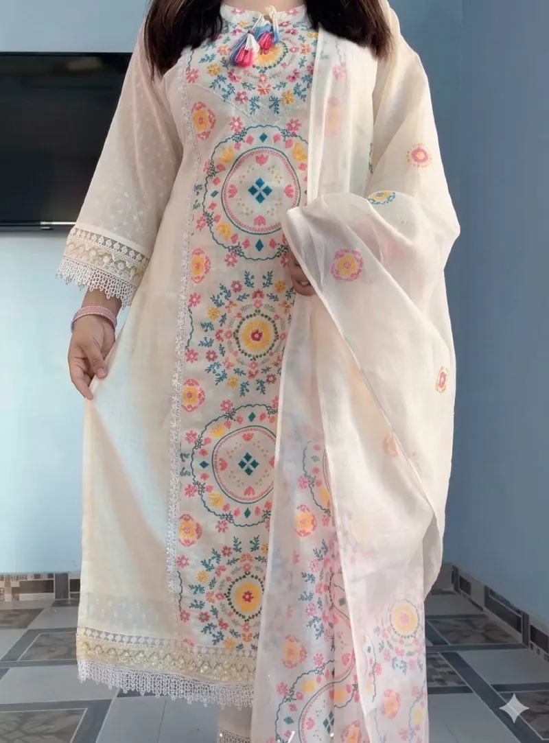 Women's Eid Sequin Embroidery Cotton Three Piece, Printed Orna