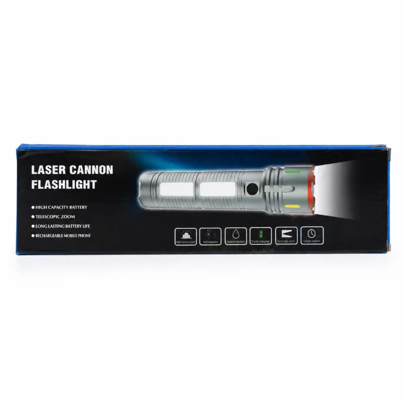 Premium Laser Cannon X03 Metal Tactical Flashlight -Long Lasting LED Torch with Built-in Power Bank