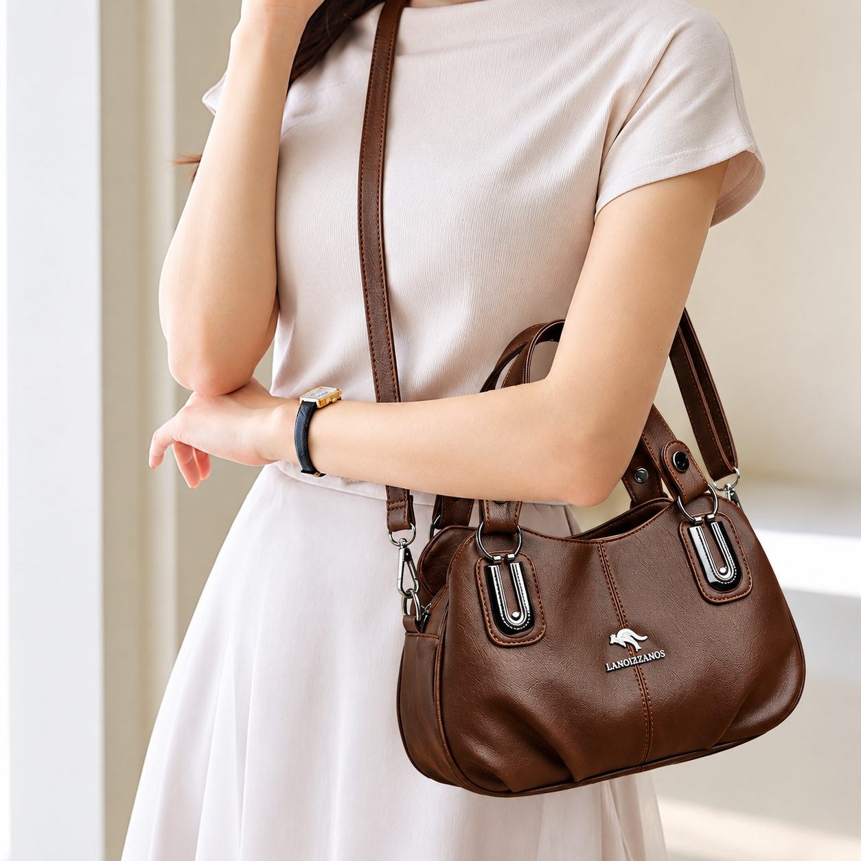 Premium Multi-Compartment Designer Handbag - Brown