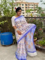 Half Silk Screen Print Saree, Saree Only, 4 Colours