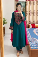 Soft Cotton Three Piece with Embroidered Salwar and Georgette Orna