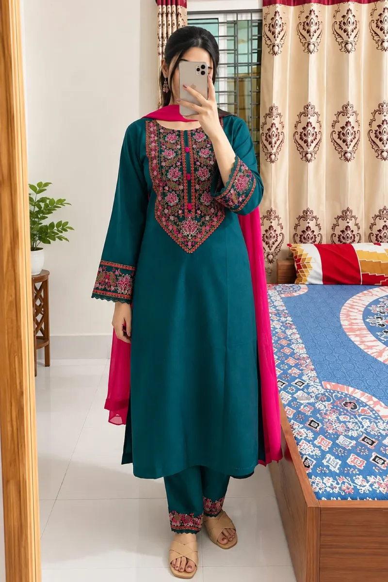 Soft Cotton Three Piece with Embroidered Salwar and Georgette Orna