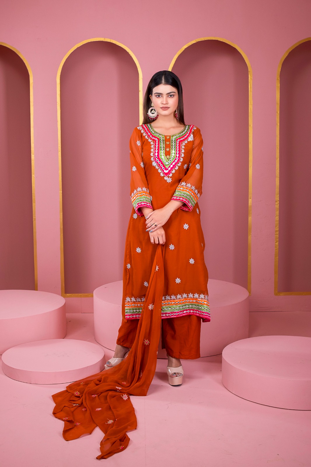 Georgette Three Piece with Dollar and Embroidery Work, 6 Colours