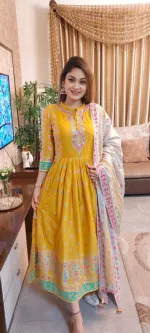 Naira Cut Screen Print Linen Three Piece with Neck Embroidery