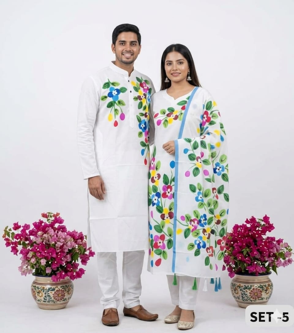 Couple Cotton Voile Three Piece and Dhupian Silk Panjabi Set