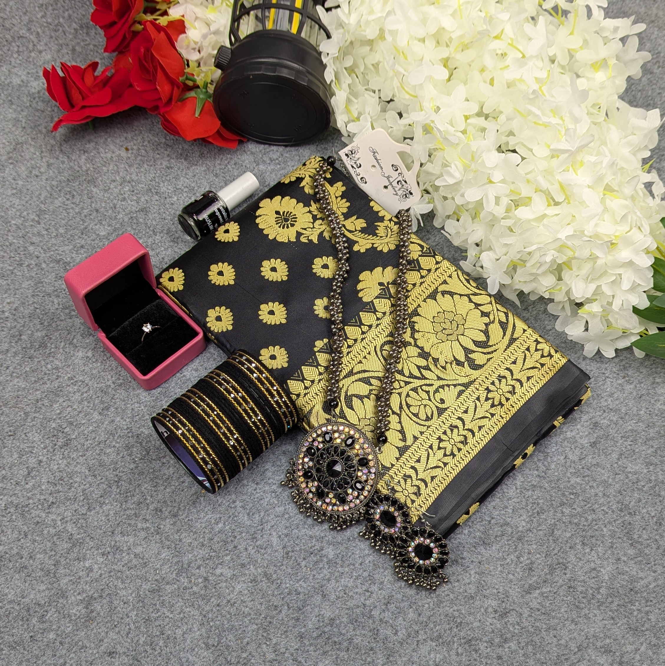 Premium Silk Katan Saree Combo Set - Black