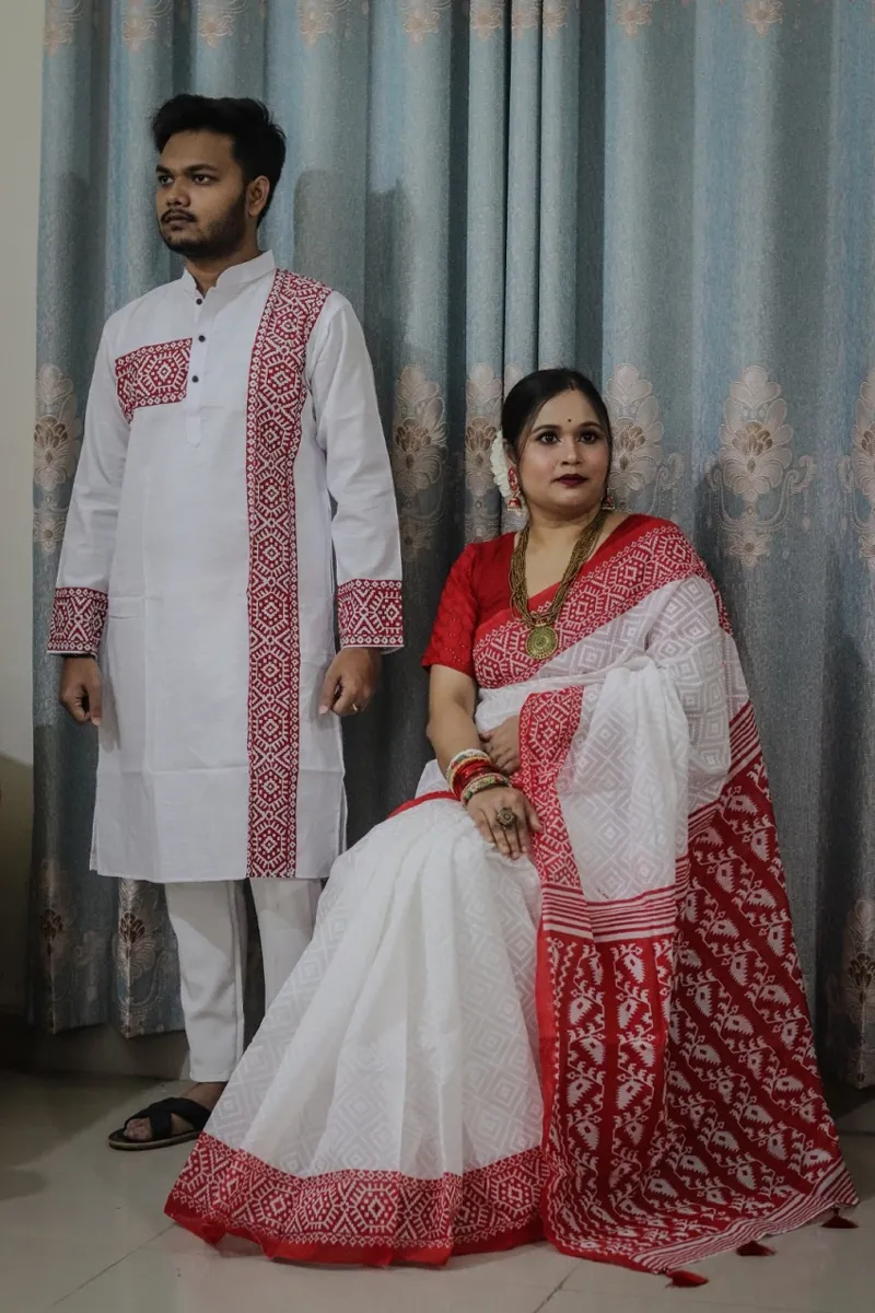 Puja Couple Dress, Resham Silk Saree and Dhupian Silk Panjabi