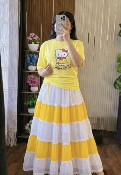 Pure Cotton T-Shirt and Georgette Skirt Set, Free Size up to 44